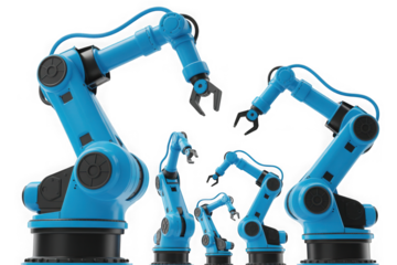 Blue industrial robotic arms in various sizes isolated on transparent background