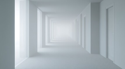 Obraz premium veil. A foggy grey corridor with distant doorways and soft, diffused lighting. real-estate listings, architecture portfolios, designed for real-estate listing and luxury residence showcases.
