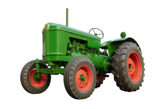 Classic green tractor with orange wheels isolated on transparent background
