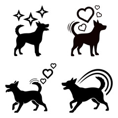 International dog day four happy black silhouette dog icons showing affection and excitement isolated on