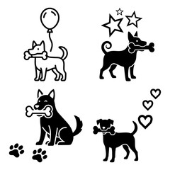 International dog day collection of four stylized dog icons with bone, balloon, star, and heart element, isolated on