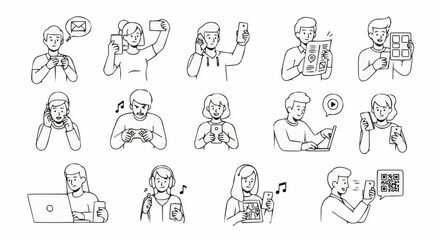 People using various digital devices for communication and entertainment activities.