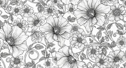 Detailed Floral Pattern - Intricate Black and White Flower Arrangement.