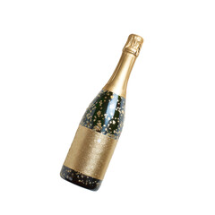 A bottle of champagne is surrounded by gold confetti and stars on white or transparent  background