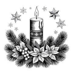 Candle surrounded by delicate flowers and leaves creates a tranquil atmosphere for relaxation and reflection in a serene.
