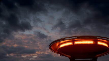 An outdoor patio heater glows warmly against a dramatic cloudy twilight sky