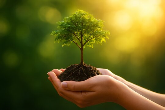 Hands holding small tree with roots in soil