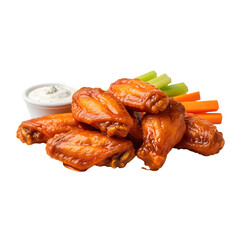 Buffalo chicken wings with ranch dip, carrot, and celery sticks isolated on transparent background