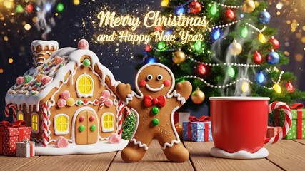 Festive gingerbread man dancing by gingerbread house and warm drink during Christmas season, spreading holiday cheer and cozy vibes for winter celebrations