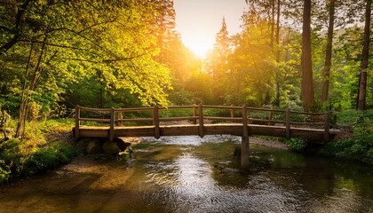 a tranquil wooden bridge spans a gentle stream bathed in the golden light of a sunrise leading through a verdant forest