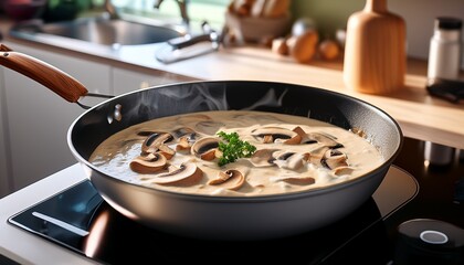 creamy mushroom sauce simmering in a skillet over low heat in a modern kitchen