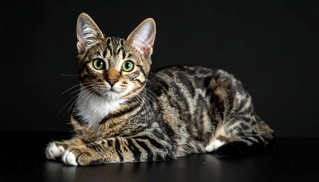 Tabby cat, stripes, green eyes, poses against dark background, lying down, looking directly towards the viewer