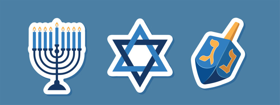 Hanukkah sticker set, menorah, star of david, dreidel, Jewish Holiday symbols, vector illustration