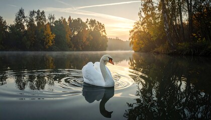 Swan glides on calm water as dawn sunlight filters through trees, creating a serene and reflective landscape
