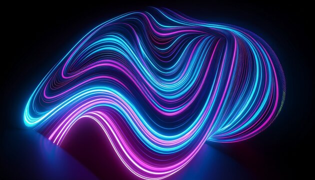 dynamic abstract 3d render of swirling blue and purple neon lines against a black background