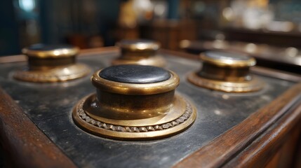 Close up of vintage control panel knobs featuring ornate brass detailing and a dark wooden surface
