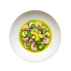 Shrimp ceviche with avocado, cucumber, jalapeno, and cilantro in a bowl isolated on transparent background