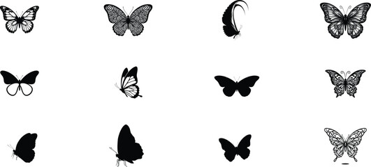 Collection of butterfly illustrations in various styles and poses on a white background