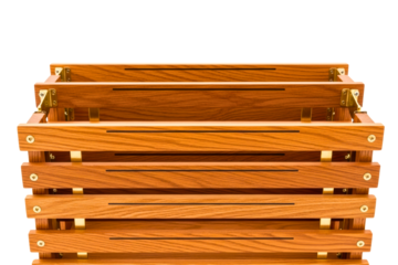 Stylish wooden magazine rack with slats and brass accents isolated on transparent background