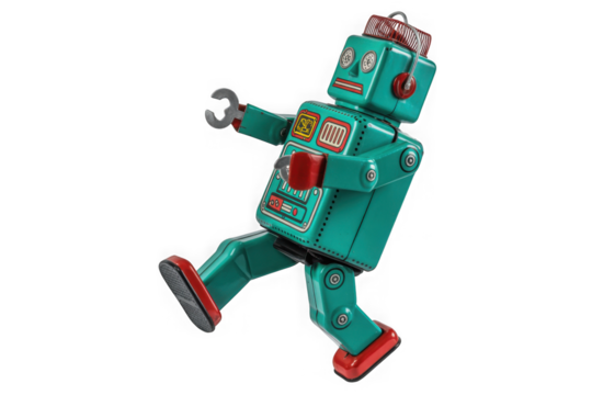 Retro tin robot toy in teal color with red accents, isolated isolated on transparent background