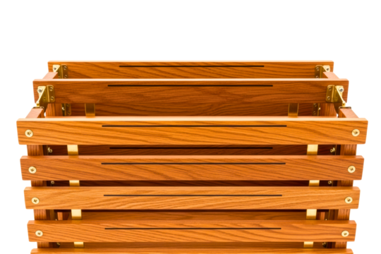 Stylish wooden magazine rack with slats and brass accents isolated on transparent background