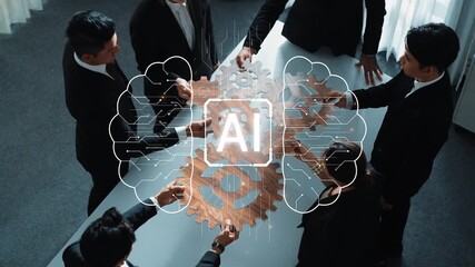 A diverse business team engages in a collaborative meeting to explore artificial intelligence strategies, blending creativity and technology for future advancements. Raster - Powered by Adobe