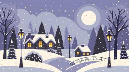 Fototapeta premium A winter scene with snow covered houses trees and a bridge lit by street lamps under a full moon night sky
