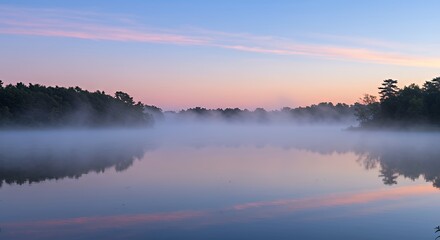 Obraz premium Serene Misty Lake During Twilight with Calm Water and Forested Shoreline