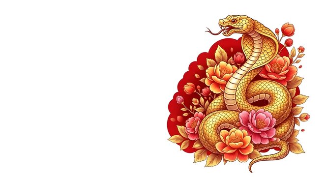 Year of the snake illustration isolated on white background with flowers