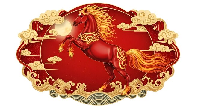 Chinese new year of the horse with red and gold colors isolated on white background
