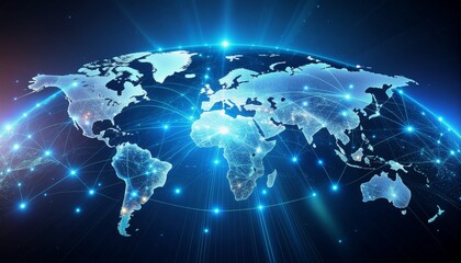 Fototapeta premium Stunning global network connecting continents with bright nodes, showcasing international business, technology, and worldwide communications, modern design