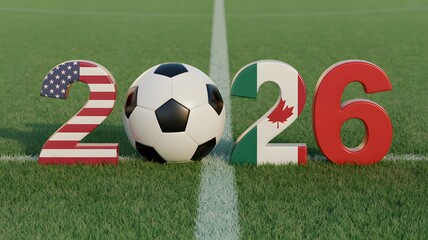 2026 football concept with USA, Mexico, and Canada themed numbers on soccer field
