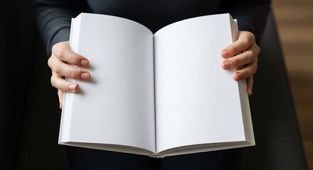 Person holding an open blank book with empty white pages, perfect for showcasing custom text, illustrations, or branding