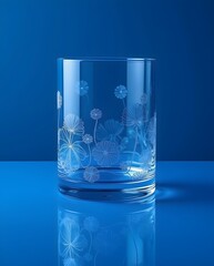 Tall transparent glass engraved with floating floral designs glowing gently in clean blue light
