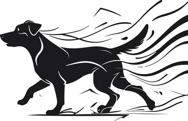 black line minimal dog outline with trailing motion strokes behind legs body, energetic vector style 1.