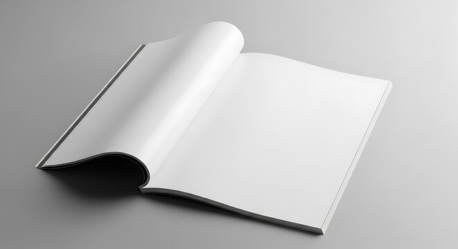 Blank open magazine or brochure mockup with empty white pages on a gray background, ready for custom design and branding presentation