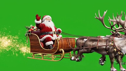 Santa Claus soaring with reindeer sleigh team on green screen background perfect for Christmas magic and holiday cheer animation and festive projects - Powered by Adobe