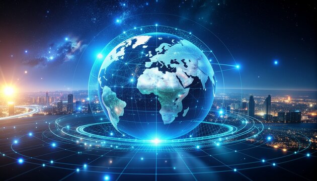 Stunning global network connecting modern cities with futuristic technology, showcasing innovation and worldwide reach for business solutions and digital transformation