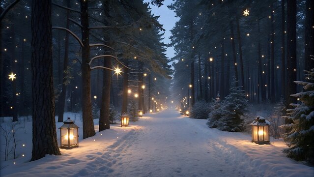 Snowy forest path illuminated by glowing lanterns and falling snowflakes