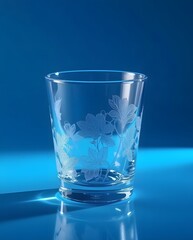 Delicate floral etched glass glowing softly against serene blue background in minimal elegant composition
