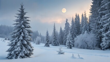 Snowy forest winter scene with frozen pine trees and full moon light