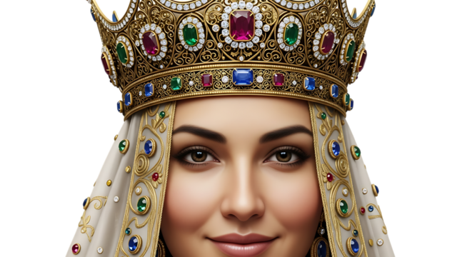 Transparent background close up of a woman wearing a jeweled crown and a white veil against a black background portrait - Powered by Adobe