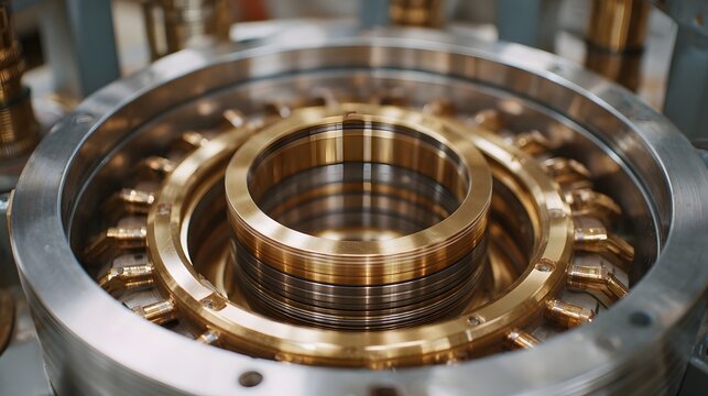 Intricate close up of stacked metallic rings and precisely engineered industrial hinery components with polished brass and steel elements - Powered by Adobe