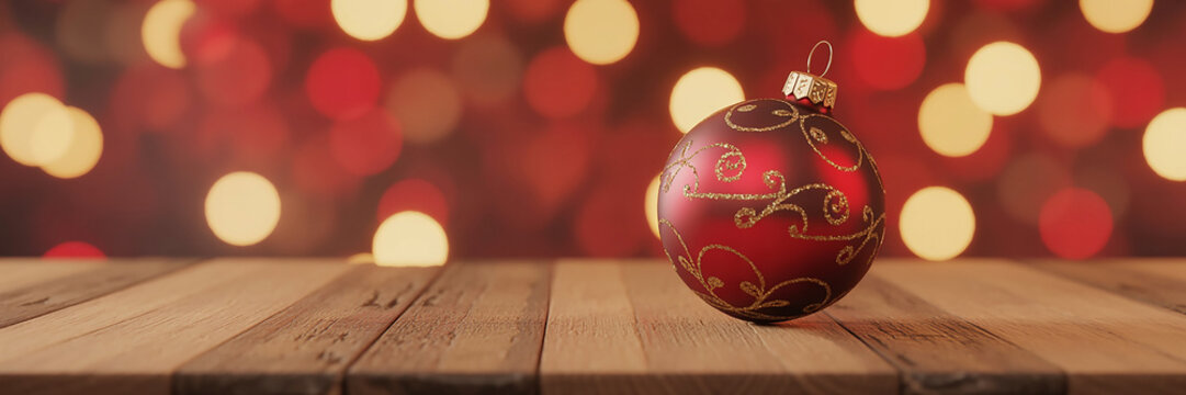 Elegant red Christmas ornament with gold glitter design on a rustic wooden table, illuminated by warm bokeh lights. Perfect for holiday greetings, festive backdrops, or seasonal promotions. - Powered by Adobe