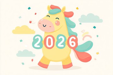 Naklejka premium Cute cartoon pony holding 2026 numbers surrounded by clouds and confetti on light background. Flat vector illustration in pastel colors. New Year and holiday celebration concept.