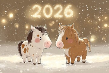 Two cartoon ponies standing in snow with glowing 2026 text above and Christmas trees in background. Digital illustration in cute winter style. New Year and holiday celebration concept. 