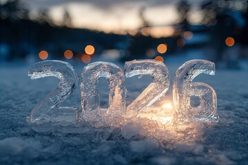 Ice sculpture of number 2026 on frozen surface with warm sunset light and blurred winter forest in background. Outdoor winter photography. New year and Christmas celebration. Design for banner