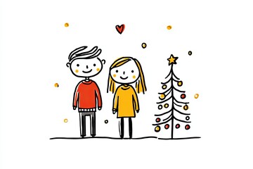 Cartoon boy and girl standing next to decorated Christmas tree with heart above on white background. Hand drawn holiday illustration. New year and Christmas celebration. Design for greeting card
