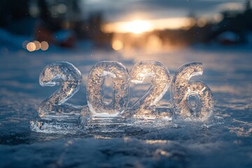 Ice sculpture of number 2026 on frozen surface with warm sunset light and blurred winter forest in background. Outdoor winter photography. New year and Christmas celebration. Design for banner