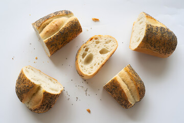 Freshly baked sliced poppy seed baguette bread food photography still life
